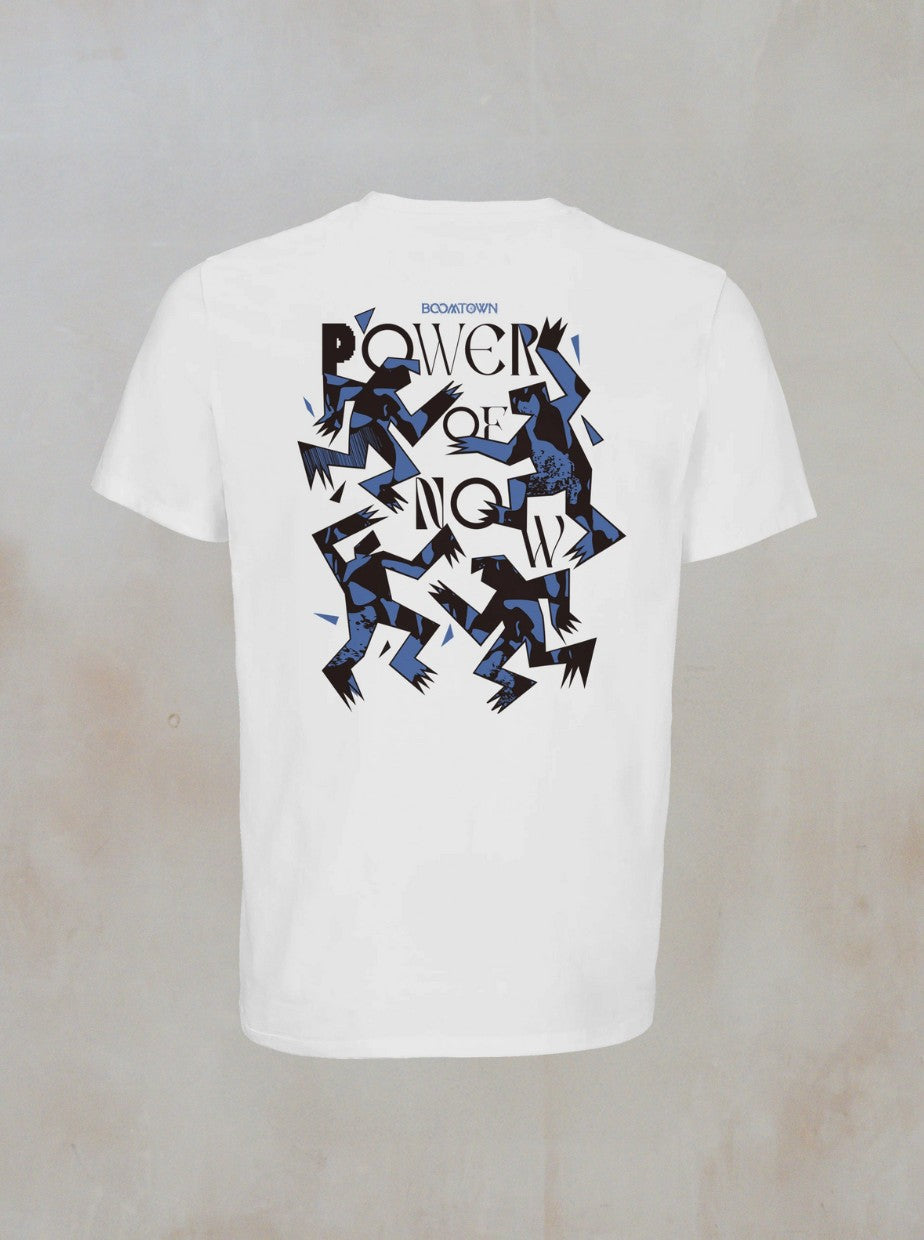 The Motion T-Shirt by Boomtown Fair Shop is a white organic cotton tee featuring bold blue and black abstract figures plus “POWER OF NOW” text on the back. Dynamic, angular patterns highlight the shirt’s sustainable minimalist design.