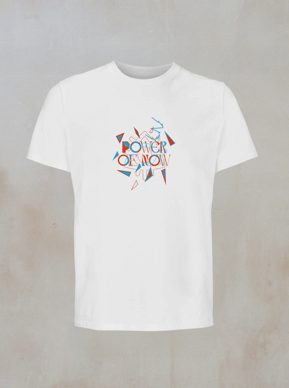 The Uprising T-Shirt by Boomtown Fair Shop is a white organic cotton tee featuring a vibrant geometric central design with POWER OF KNOW in stylized letters, surrounded by abstract blue, orange, and red shapes—sustainably made and Boomtown-inspired.