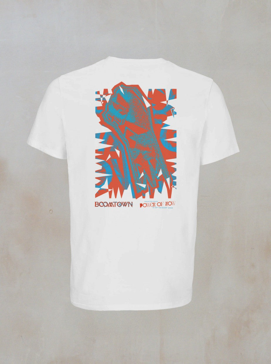 The Uprising T-Shirt by Boomtown Fair Shop is a white organic cotton tee with a red and blue geometric raised fist and BOOMTOWN POWER OF NOW text on the back, displayed against a light background.