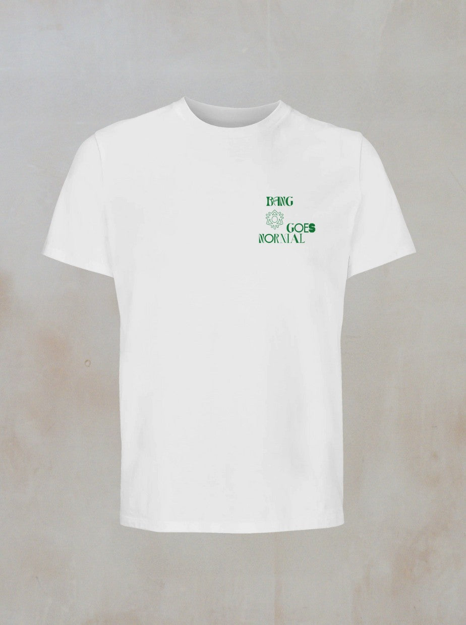 The Bang Goes Normal White Graphic T-Shirt from Boomtown Fair Shop is an organic cotton tee with green chest text, EVERYTHING GOES NORMAL, set against a neutral light gray background.