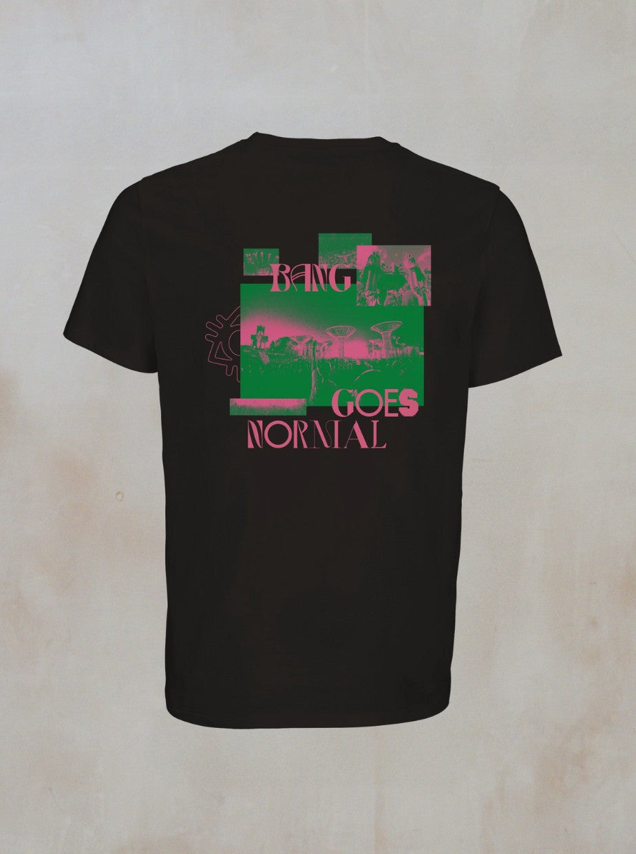 The Boomtown Fair Shops Bang Goes Normal Black Graphic T-Shirt features pink and green graphics on the back with BANG GOES NORMAL text over abstract blocks and illustrations—a standout, organic cotton design.