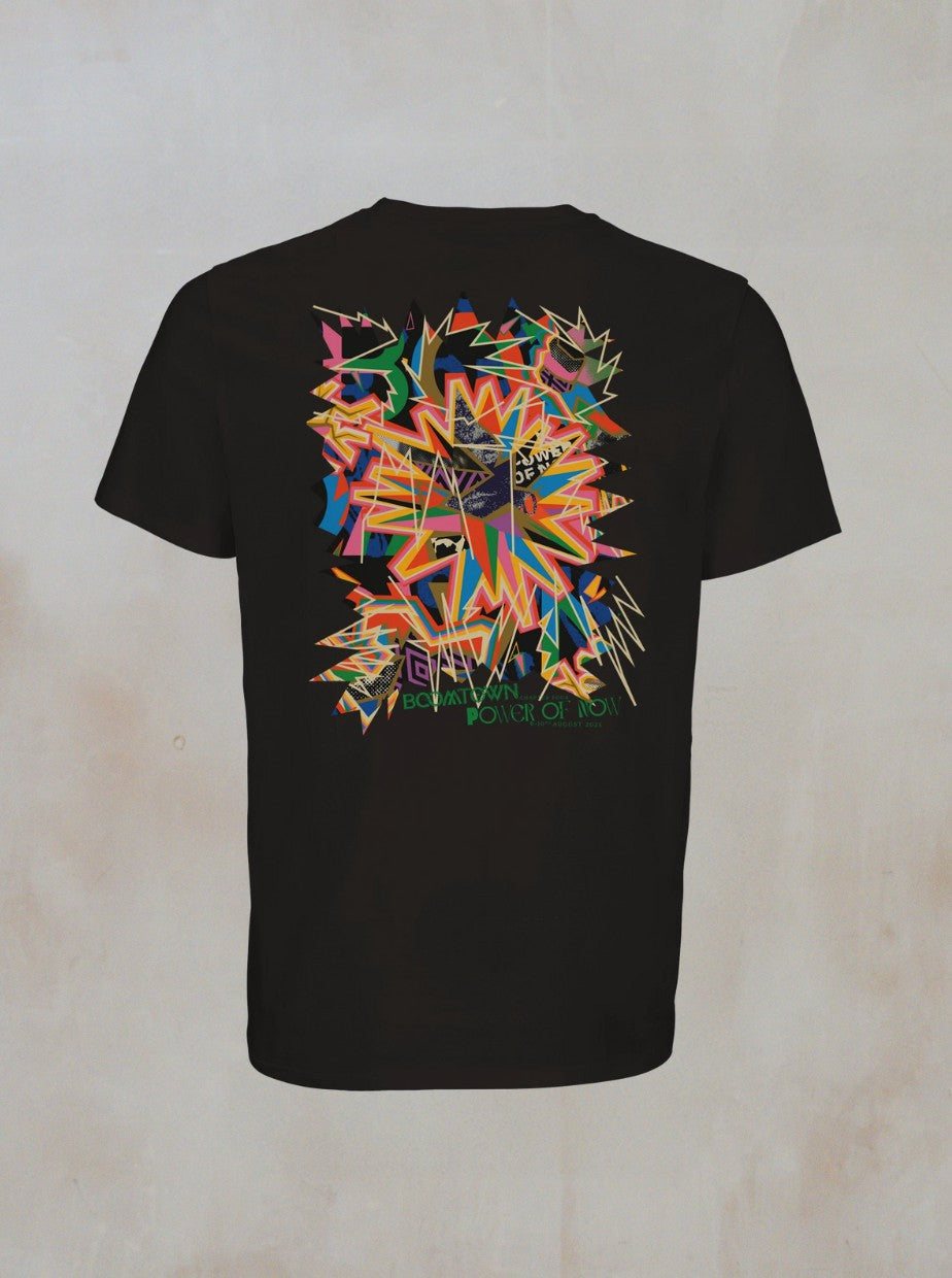 The Power of Now: Graphic T-Shirt by Boomtown Fair Shop is a black organic cotton tee with a neon abstract geometric design and POWER OF NOW text on the back.