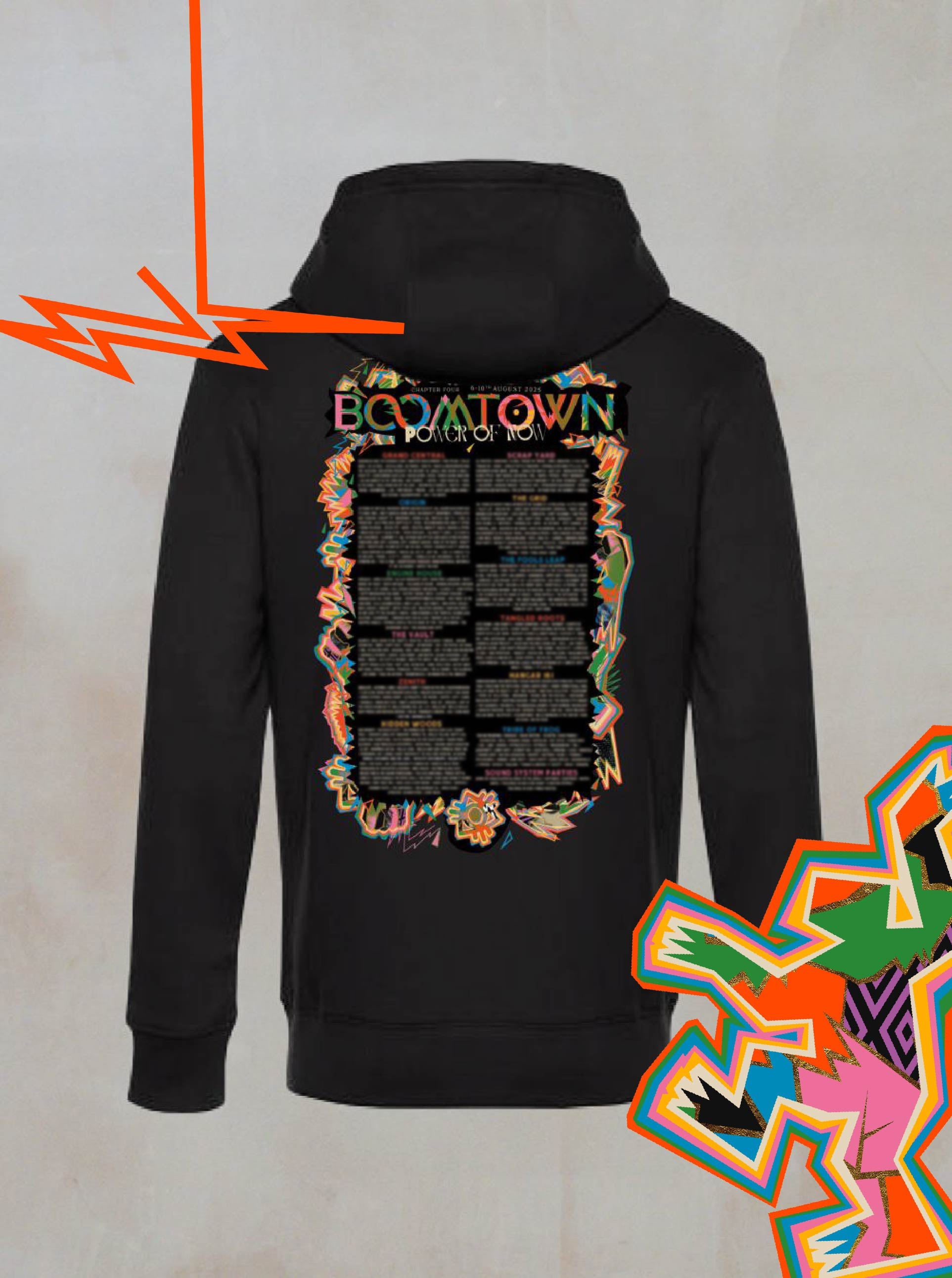 The Power of Now: Line Up Hoodie by 2025 is a black organic cotton hoodie with a vibrant, decorated list of text on the back, featuring multicolored borders, lightning bolts, and bold geometric shapes.