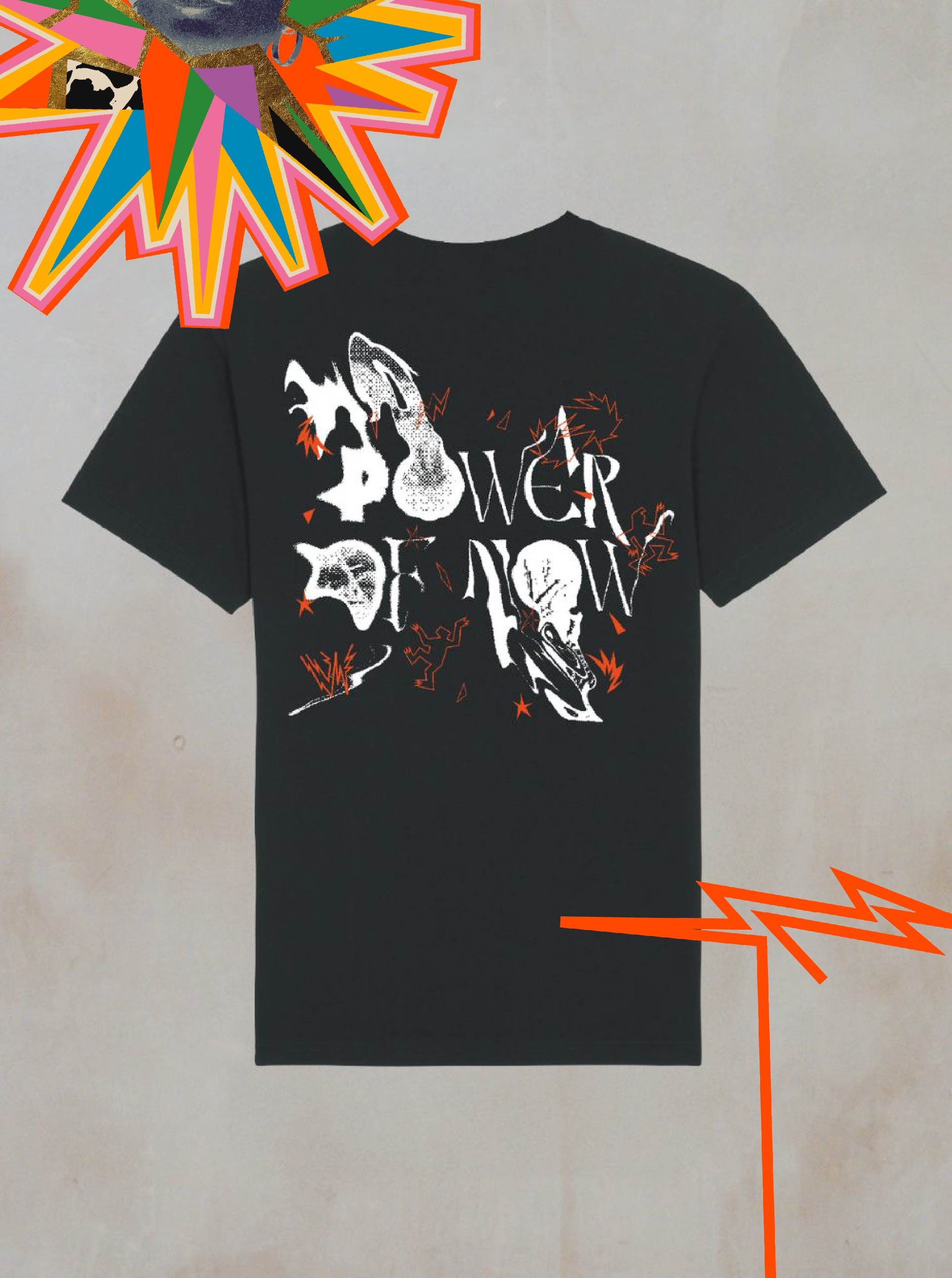 The Power of Now Mono Graphic T-Shirt by Boomtown Fair Shop features a bold white POWER FLOW design with orange accents on black, abstract illustrations, and colorful geometric shapes for a striking, minimalist look.