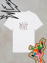 The Boomtown Fair Shop Power of Now Chroma T-Shirt is a white organic cotton tee with a vibrant Power On Now design, black lightning bolts on the upper left, and an angular dancer on gray in the lower right.