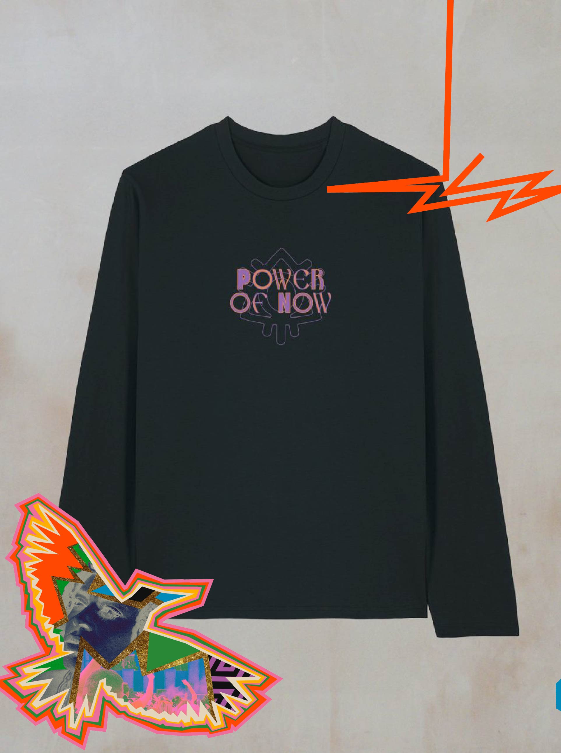 The Boomtown Fair Shops Power of Now Icon Graphic Long Sleeve T-Shirt features vibrant futuristic lettering, a multicolored bird, and orange lightning bolts—perfect for festivals on a light background.