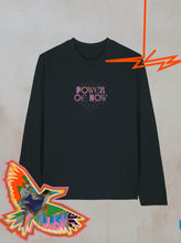 The Boomtown Fair Shops Power of Now Icon Graphic Long Sleeve T-Shirt features vibrant futuristic lettering, a multicolored bird, and orange lightning bolts—perfect for festivals on a light background.