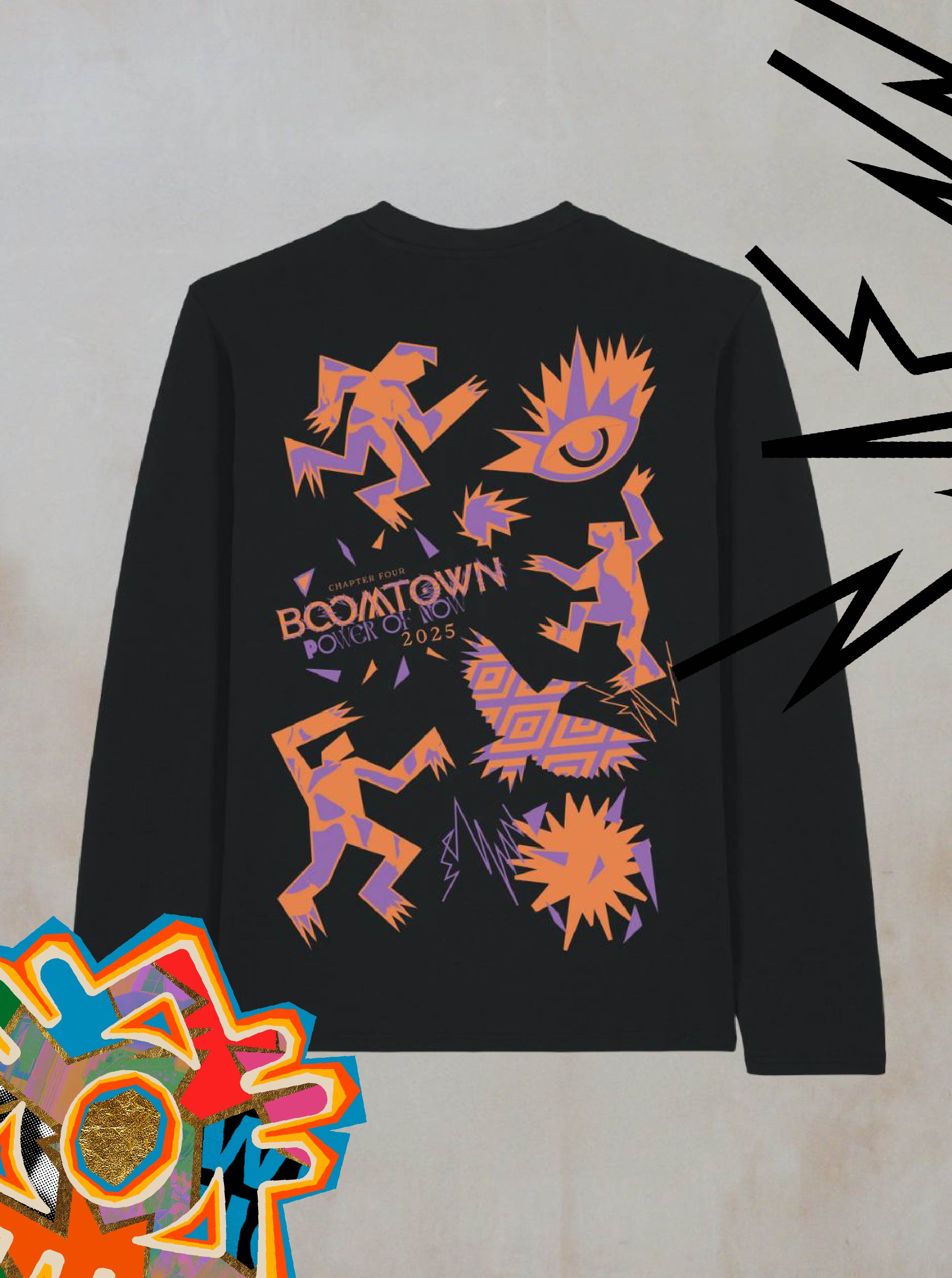 The Power of Now Icon Graphic Long Sleeve T-Shirt from Boomtown Fair Shop features bold orange and purple abstract figures, an eye, jagged shapes, and Power of Now 0.025 at the center—perfect for festival season.