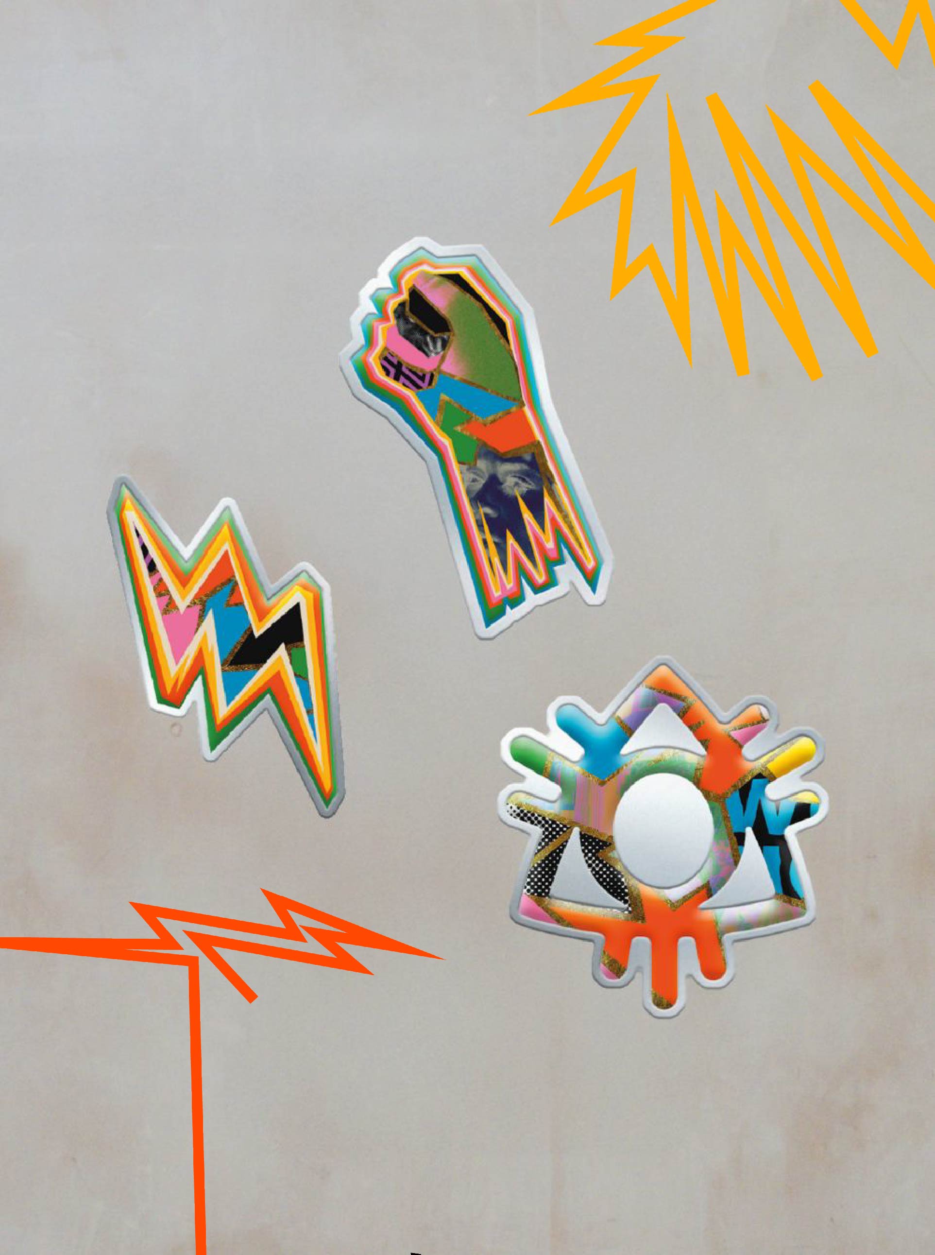 The Pin Badge Set from Boomtown Fair Shop features a raised fist, an orange zigzag lightning bolt, and a round badge with multicolored drips—perfect festival gear to capture the Boomtown spirit. Orange zigzag corners add a bold finishing touch.