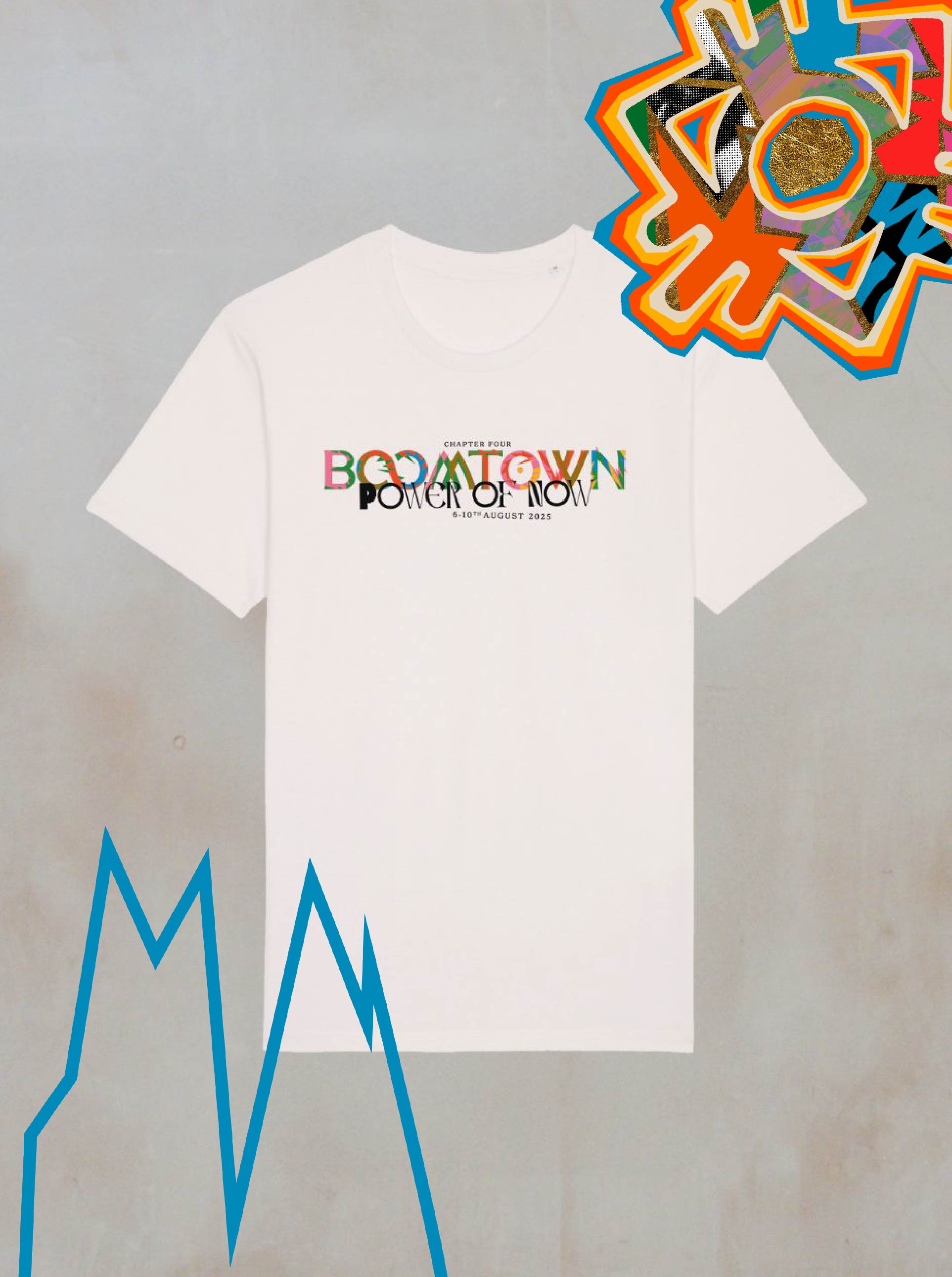 The Chapter Four: Power of Now Line Up T-Shirt from Boomtown Fair Shop is a white organic cotton tee featuring overlapping BOOMTOWN and POWER OF NOW text, plus blue and orange abstract graphics, inspired by the Boomtown Festival Line-up.