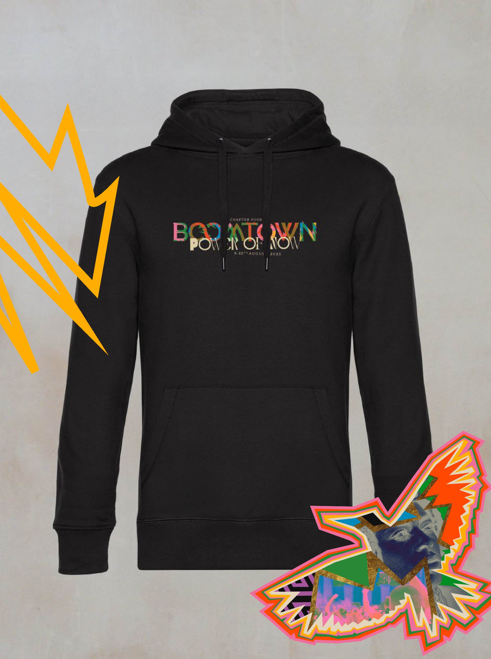The Power of Now: Line Up Hoodie from Boomtown Fair Shop is a black hoodie with colorful POWER OF NOW text, a yellow lightning bolt, and an illustrated bird. Made from 100% organic soft cotton, its part of Chapter Four: Power of Now.