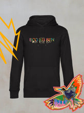The Power of Now: Line Up Hoodie from Boomtown Fair Shop is a black hoodie with colorful POWER OF NOW text, a yellow lightning bolt, and an illustrated bird. Made from 100% organic soft cotton, its part of Chapter Four: Power of Now.