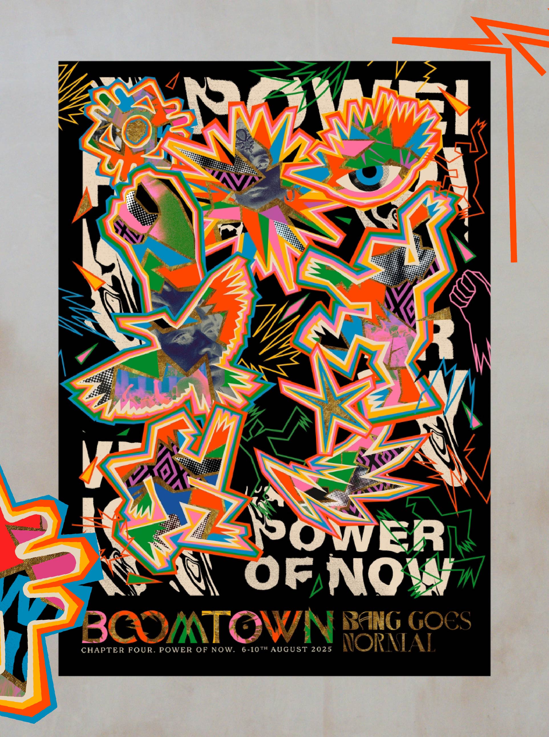 The Limited Edition Chapter Four: Power of Now Poster from Boomtown Fair Shop features abstract neon shapes framing the title on a dark background. Printed on premium paper, unframed, and available as a limited edition collectible.
