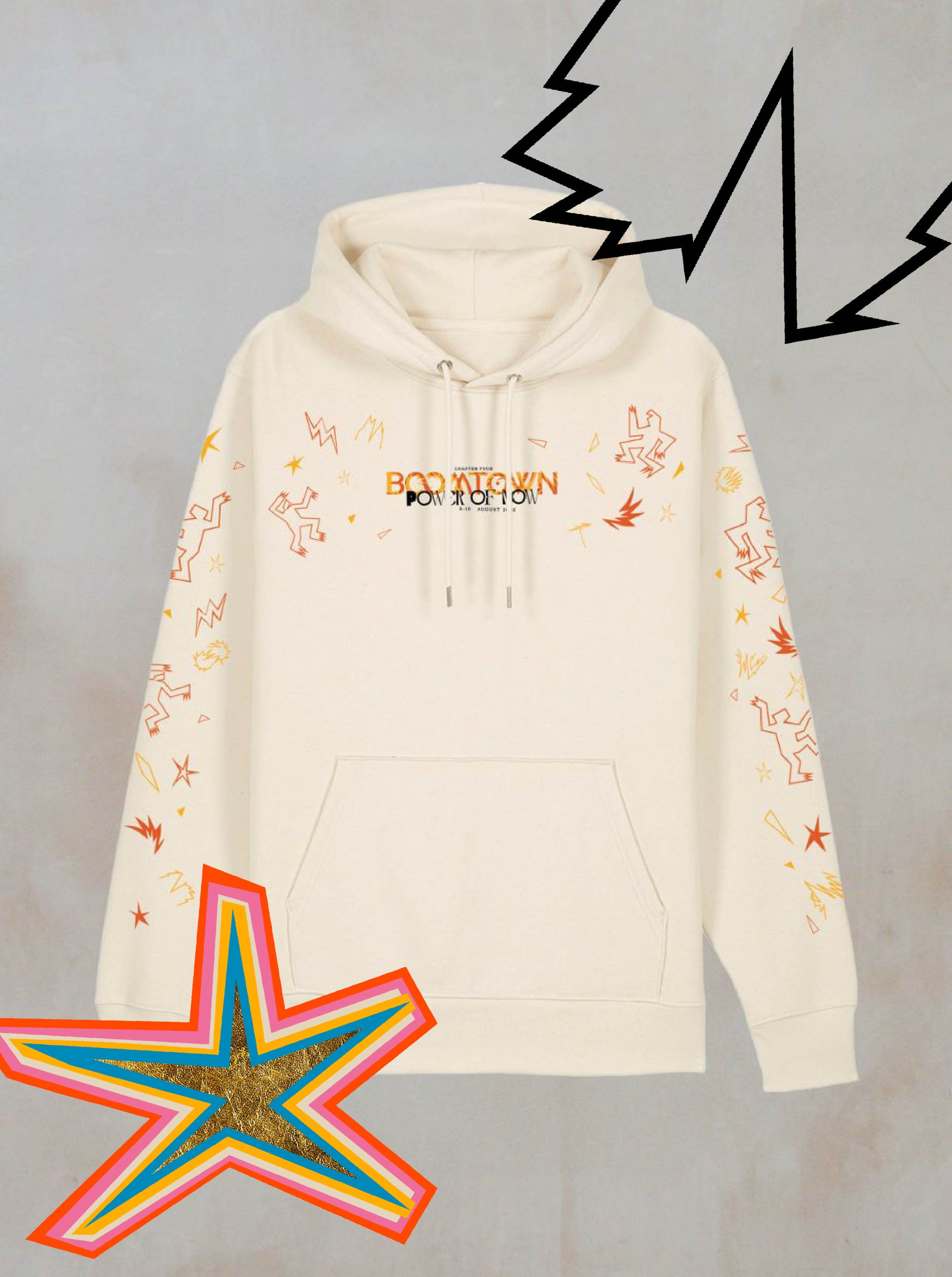 The Power of Now: Limited Edition Emberkind Hoodie by Boomtown Fair Shop is cream-colored, made from organic soft cotton, with colorful abstract doodles and stars on the sleeves. BOYHOOD OWN POL SKOOL CLUB is printed on the front, accented with black and orange stars.