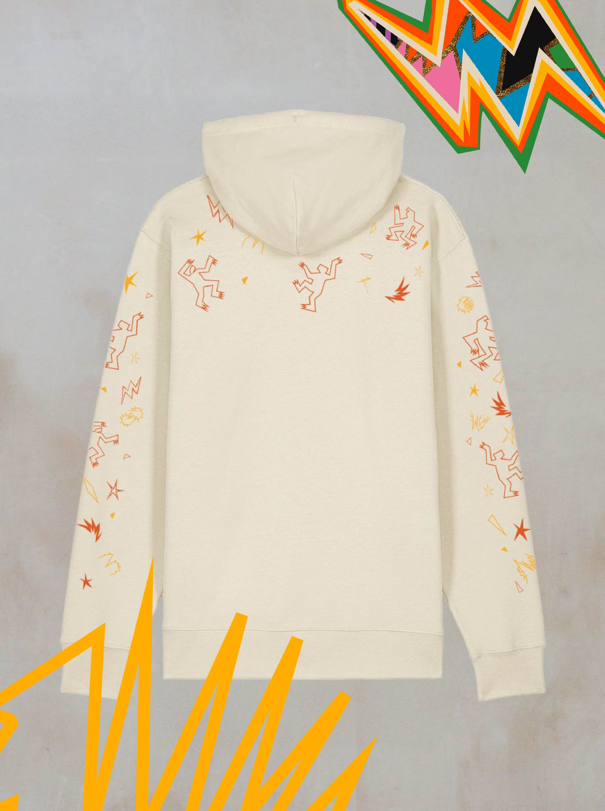 The Power of Now: Limited Edition Emberkind Hoodie by Boomtown Fair Shop is a cream organic cotton hoodie with abstract, colorful zigzag and lightning bolt designs on the sleeves and back, plus bright geometric shapes in the corners.