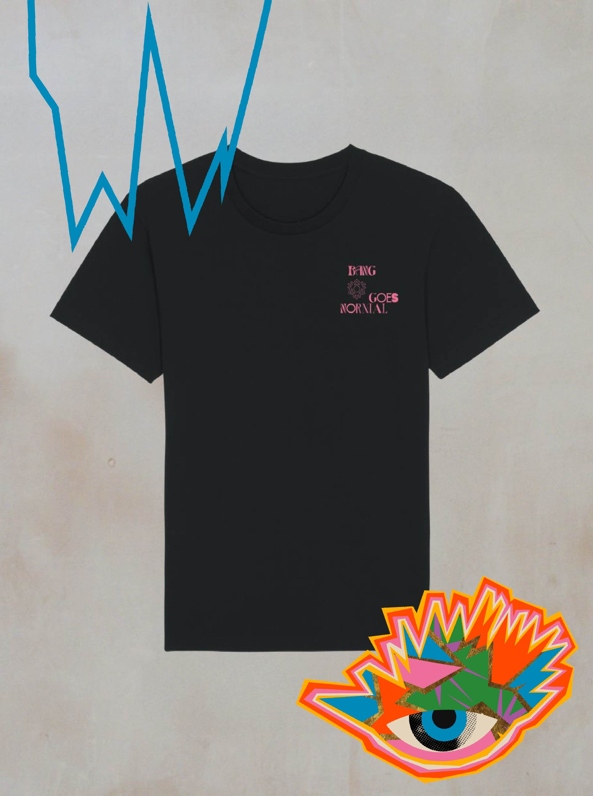 The Bang Goes Normal Black Graphic T-Shirt by Boomtown Fair Shop, crafted from organic cotton, is displayed on a neutral background with a blue jagged line at the top left and a colorful eye illustration at the bottom right.