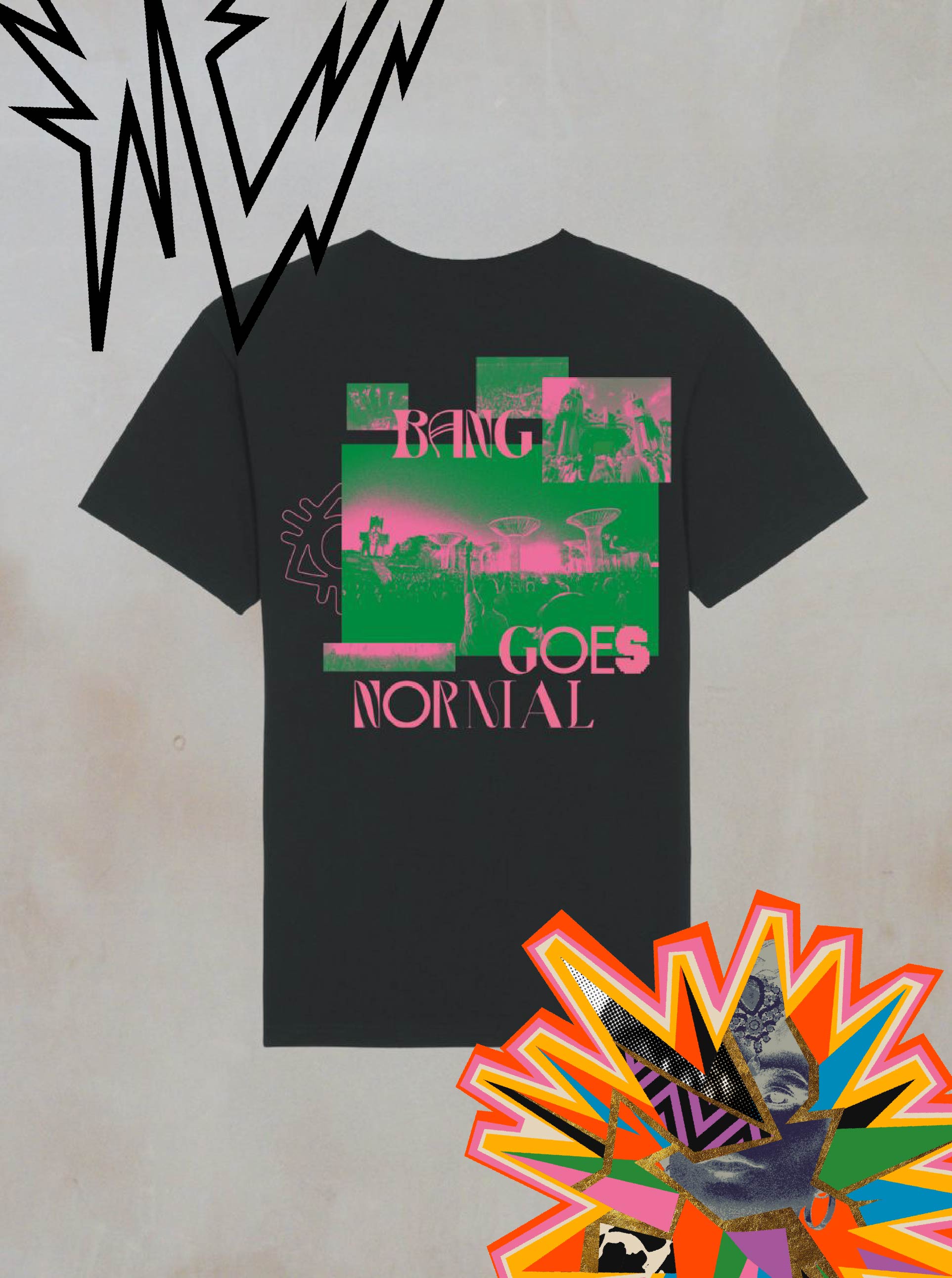 The Bang Goes Normal Black Graphic T-Shirt from Boomtown Fair Shop is made from organic cotton, featuring pink and green graphics with BANG GOES NORMAL text and abstract geometric shapes on a neutral background.